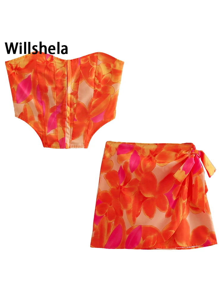 

Willshela Women Fashion 2 Piece Set Printed Strapless Cropped Tops & Side Zipper Bowed Mini Skirt Chic Lady Female Skirt Sets