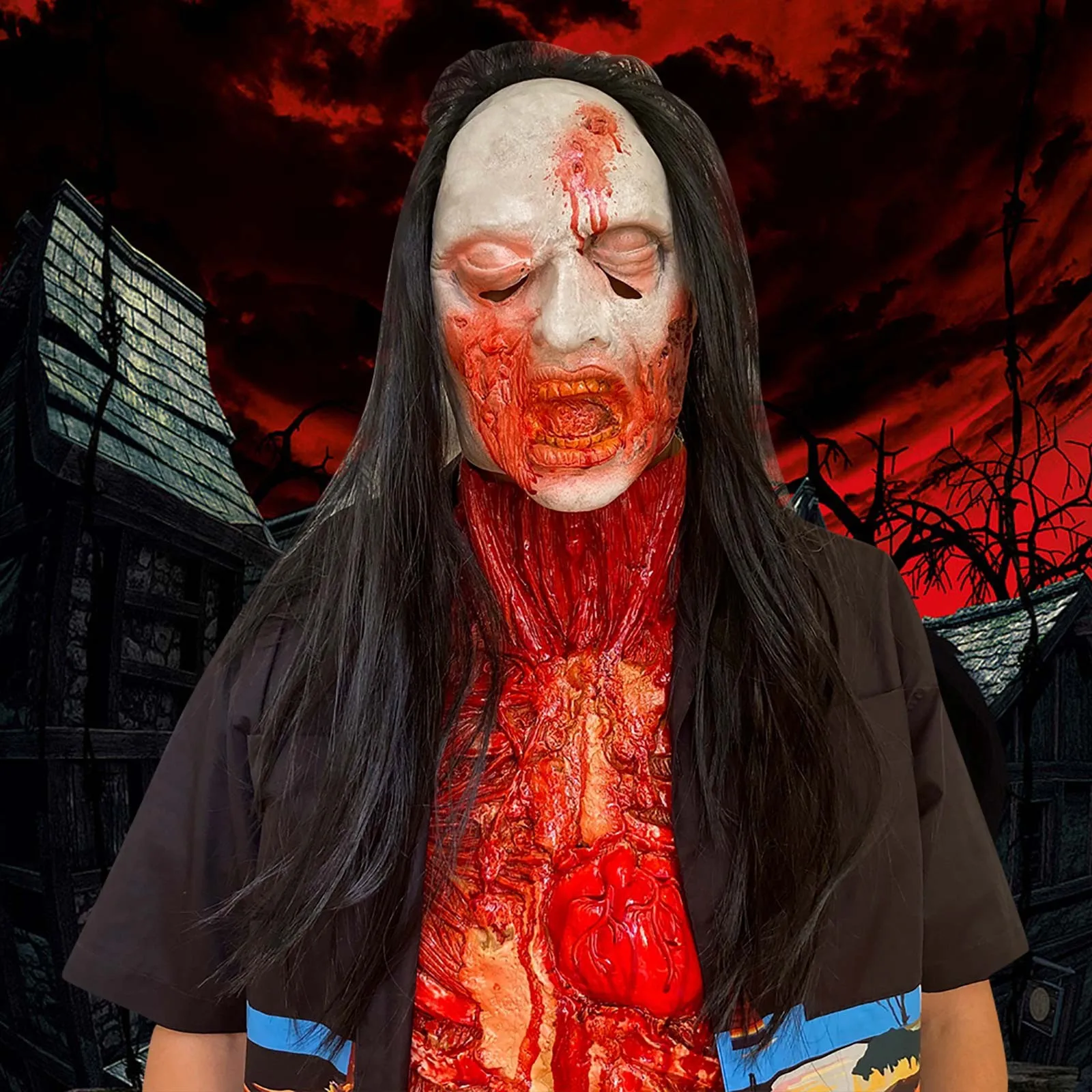 

Party Favors Halloween Horror Alien Halloween Horror Bloody Rotten Face Headger Black Long Haired Devil Latex Headger Halloween