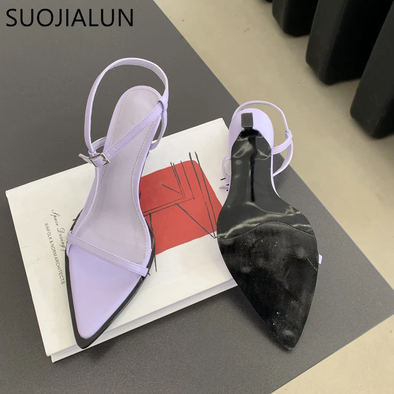 SUOJIALUN 2023 Summer New Brand Women Slipper Fashion Square Toe Slip On Ladies Slides Thin High Heel Outdoor Dress Sandal Shoes