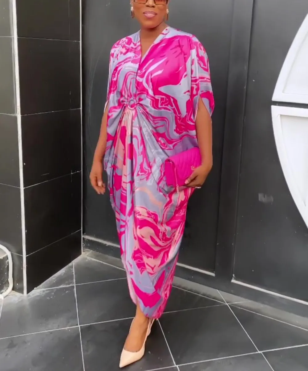 Plus Size Satin Dress Women Print Loose Wide Elegant Cloth Lady Casual Long Robe 2023 Summer Trendy Evening Party New In Dress