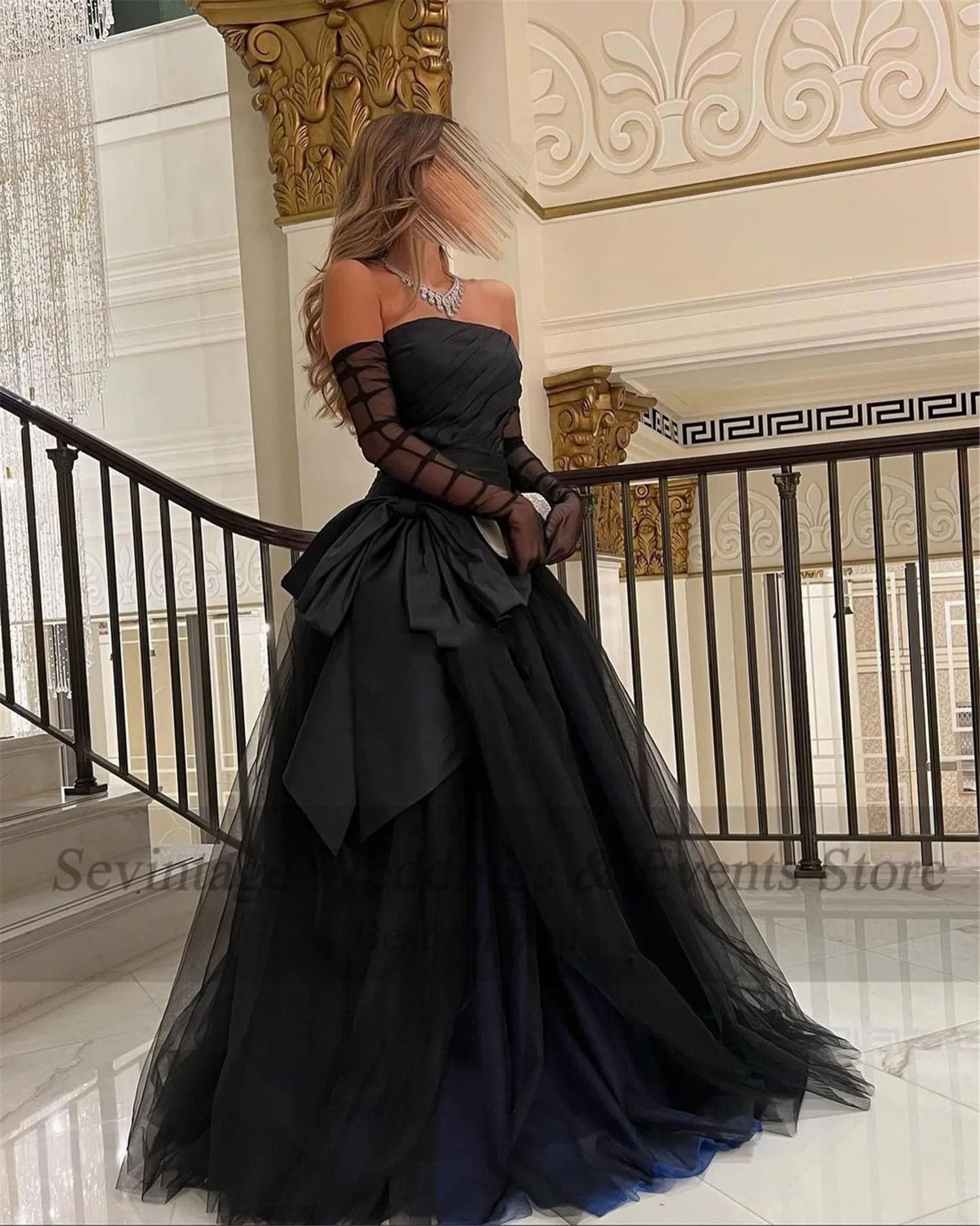 

Black Saudi Arabia Prom Dresses Tulle Satin Pleats Bow Evening Gowns Strapless Formal Wedding Party Bridesmaid Dress