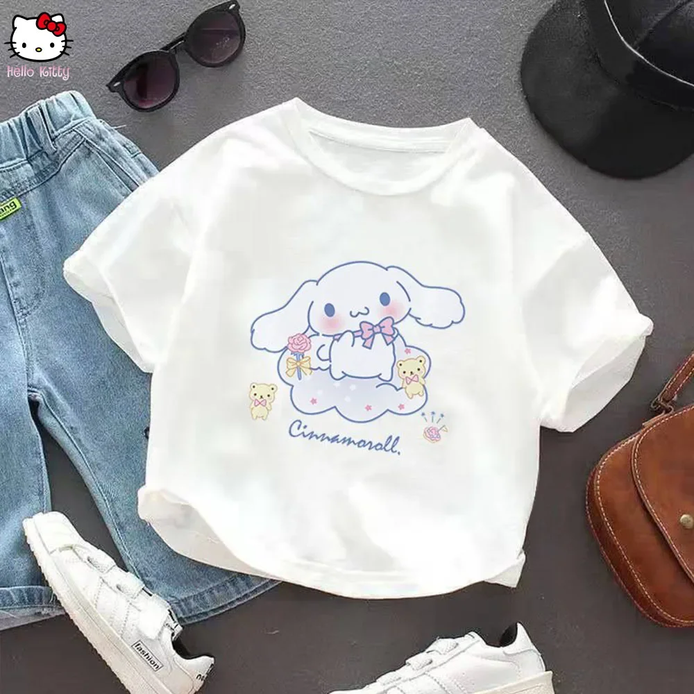 Аниме Cinnamoroll Детские с коротким рукавом Sanrios Kawaii для девочек и мальчиков белые