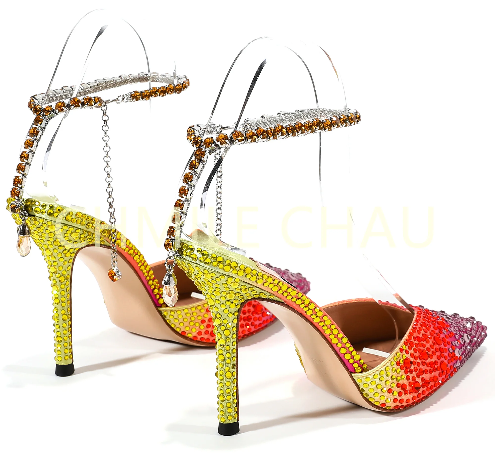 New Bridals Rhinestone Party Sandal for Woman Pointy Toe Crystal Ankle Chain Thin High Heel Shoes Sandalias De Mujer 34-CHC-26