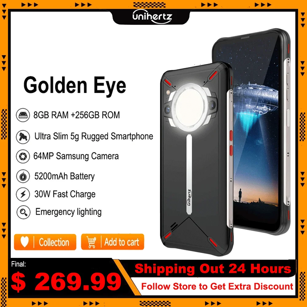 Unihertz золотистый смартфон, ультратонкий, прочный, для кемпинга, телефон с камерой 64 мп, 256 ГБ, 5200 мАч, 30 Вт