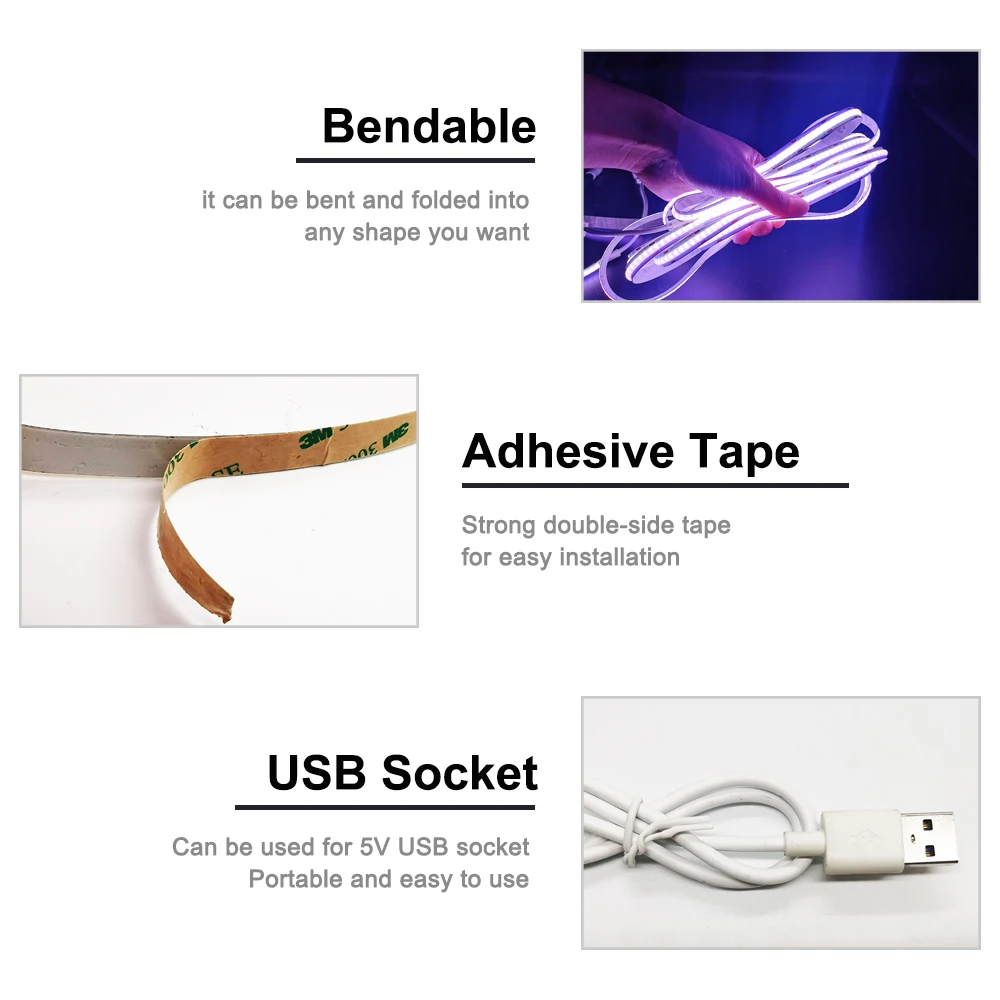 Полосковый светодиодный светильник DC5V USB COB High Density Linear Lighting 328 светодиодов/м FOB гибкий 10 мм диммируемый тейп 3000K/4000K/6000K RA90 0,5 м - 2 м включенный.