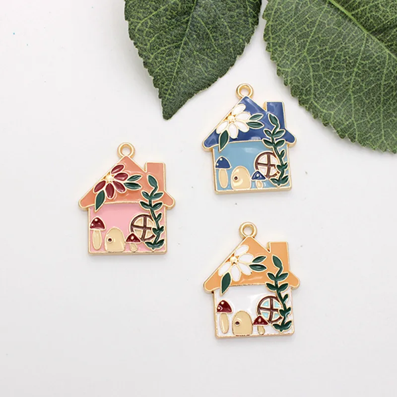 

10pcs DIY Drip Oil Alloy Accessories Enamel Mushroom House Charms Earring Pendant Necklace Keychain Findings for Jewelry Making