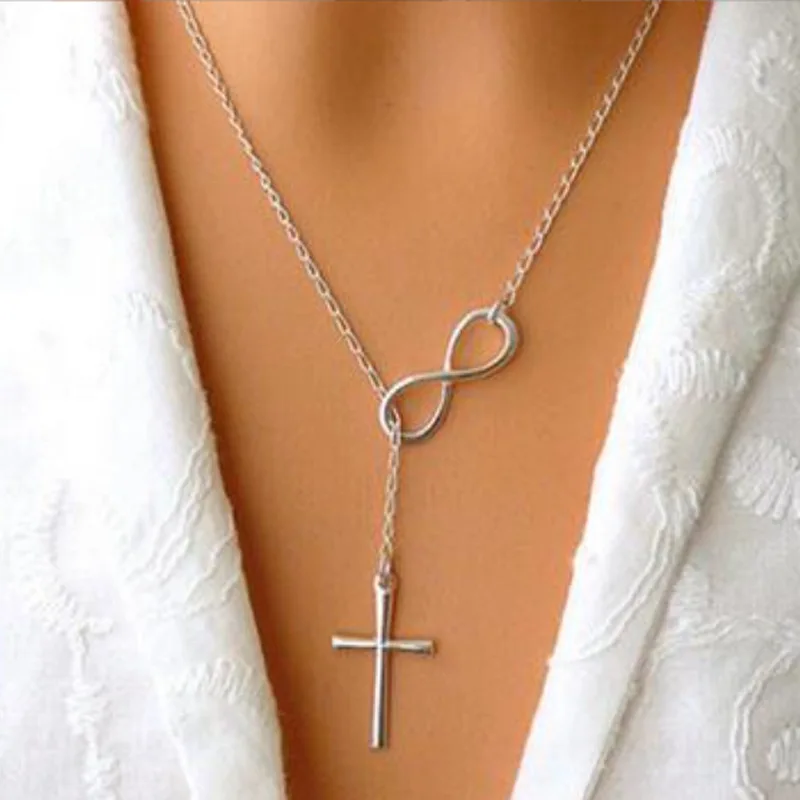 

Classic 8 word Infinity Tassel Cross Pendant Silver Color Clavicle Chain Necklace Female Charm Boho Choker Jewelry Collar kolye