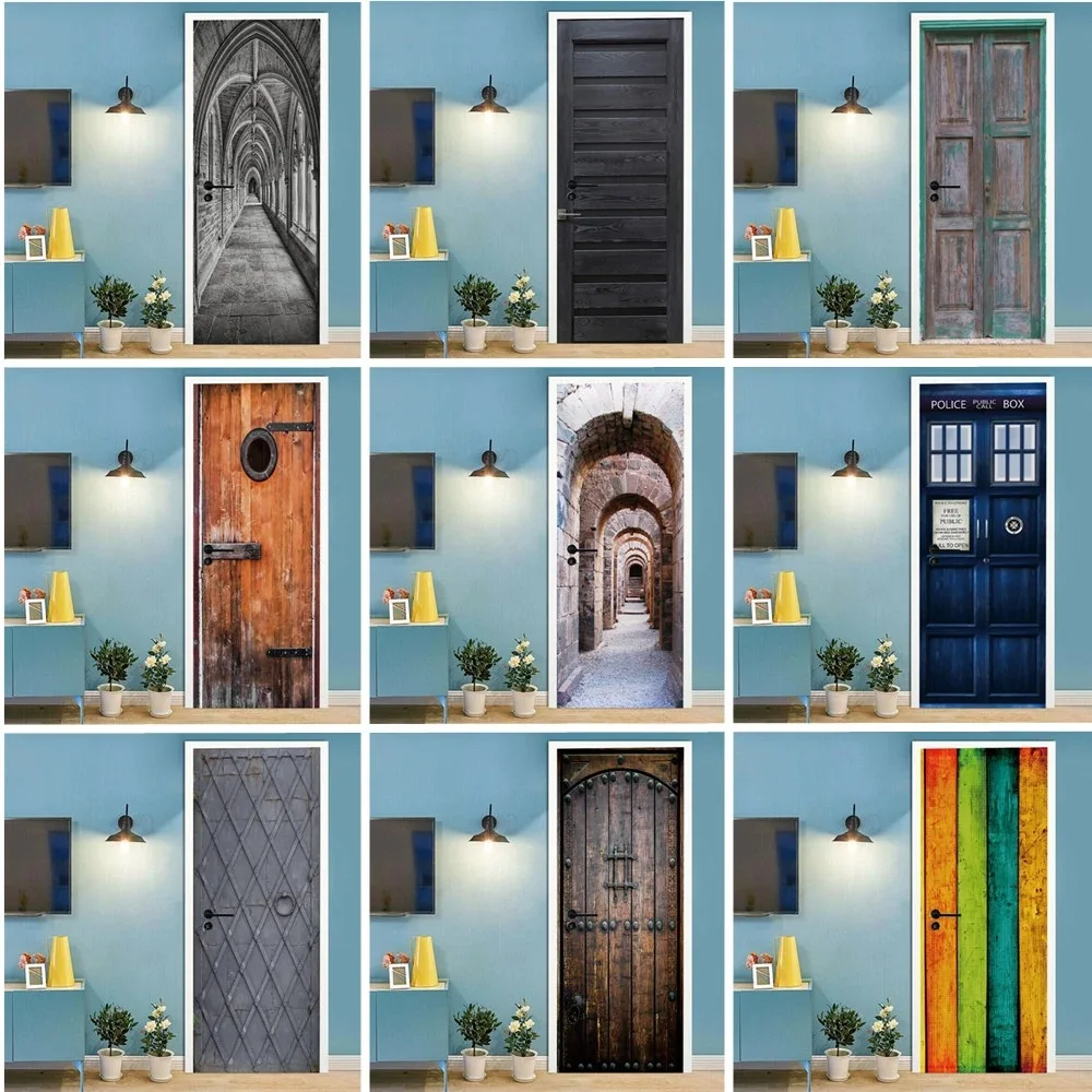 

Wood Grain DIY 3D Door Stickers Wallpaper Living Room Art Mural Retro Wooden Door Poster Self-adhesive Home Decoration
