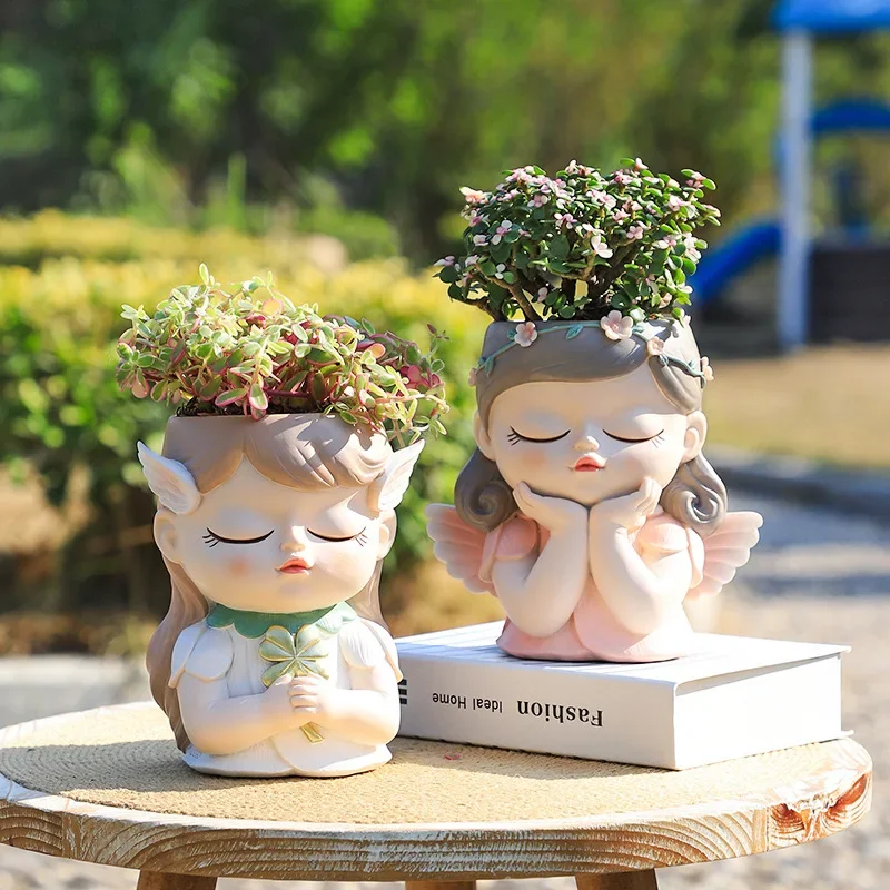 

18cm/ 7inch Fairy Tale Planter for Succulents Plants Cute Girl Resin Flower Pot Decorative Garden Figures Home Tabletop Decor