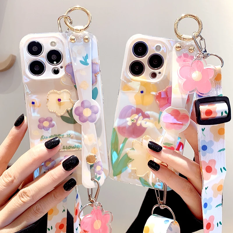 

Japan Korea Cherry Flowers Wrist Strap Stand Case For IPhone 11 12 13 Pro XS Max XR 7 8 Plus SE3 Glitter Crossbody Lanyard Cover