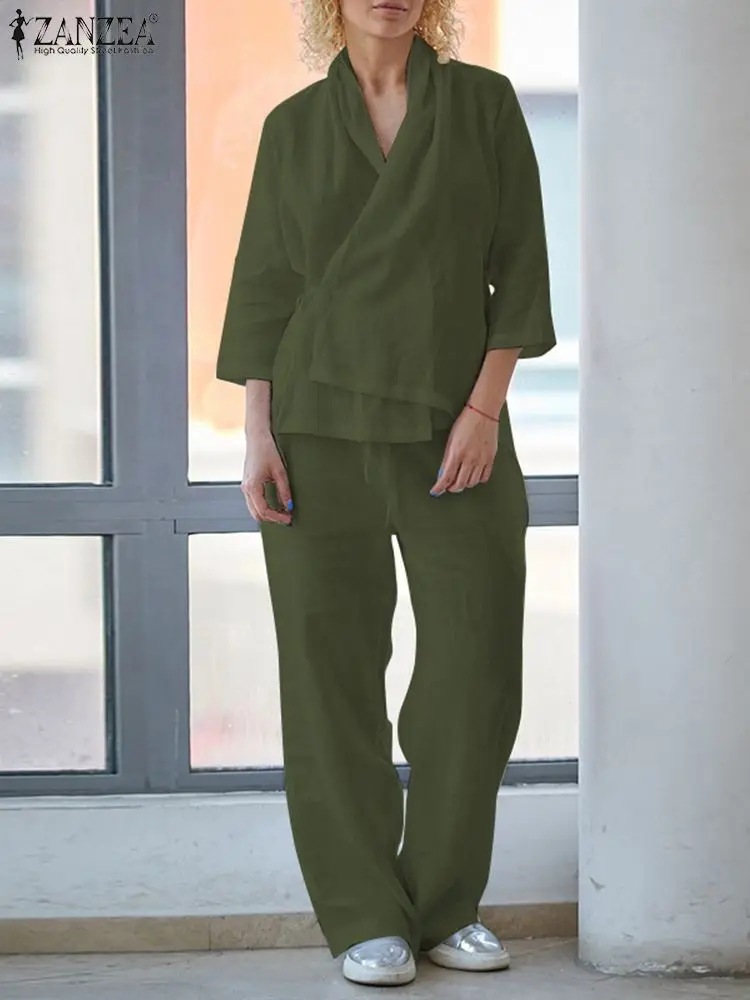 

ZANZEA Women Cotton Linen Suit 3/4 Sleeve Wrap Top Blouse Femme Casual Loose Side Pocket Pants Fashion Casual Loungewear Set