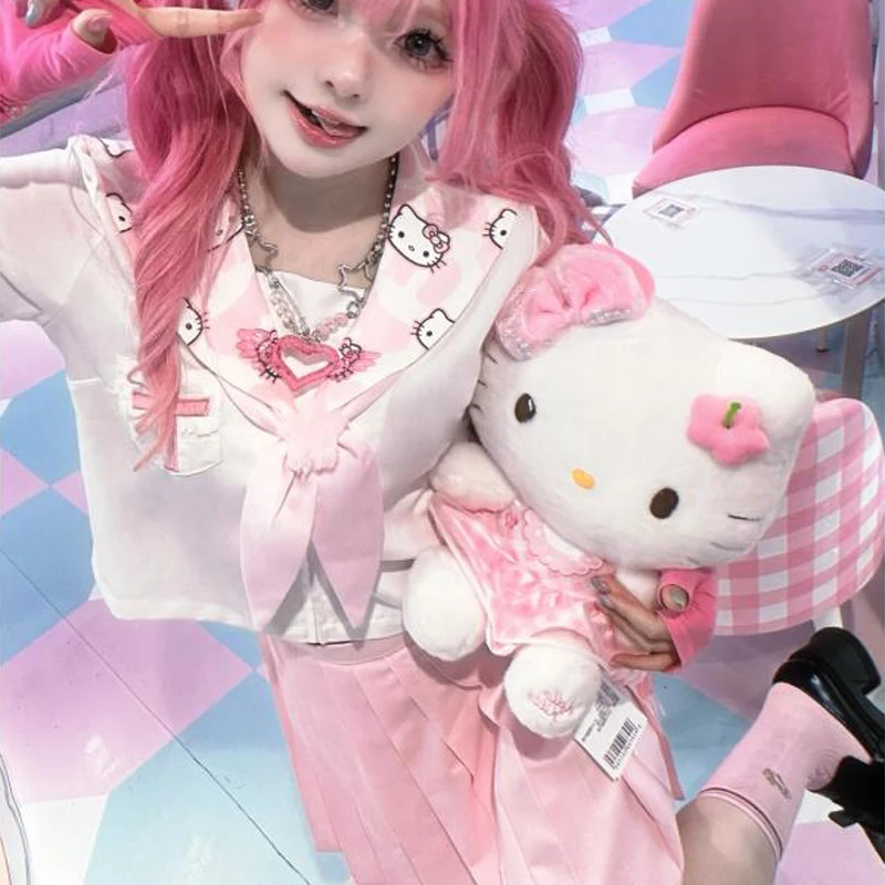 

Sanrio мультфильм Hello Kittys Kawaii Девушка сердце Jk Униформа матросский костюм летние новые Аниме периферийные принадлежности Cute Jk комплект с плиссированной юбкой