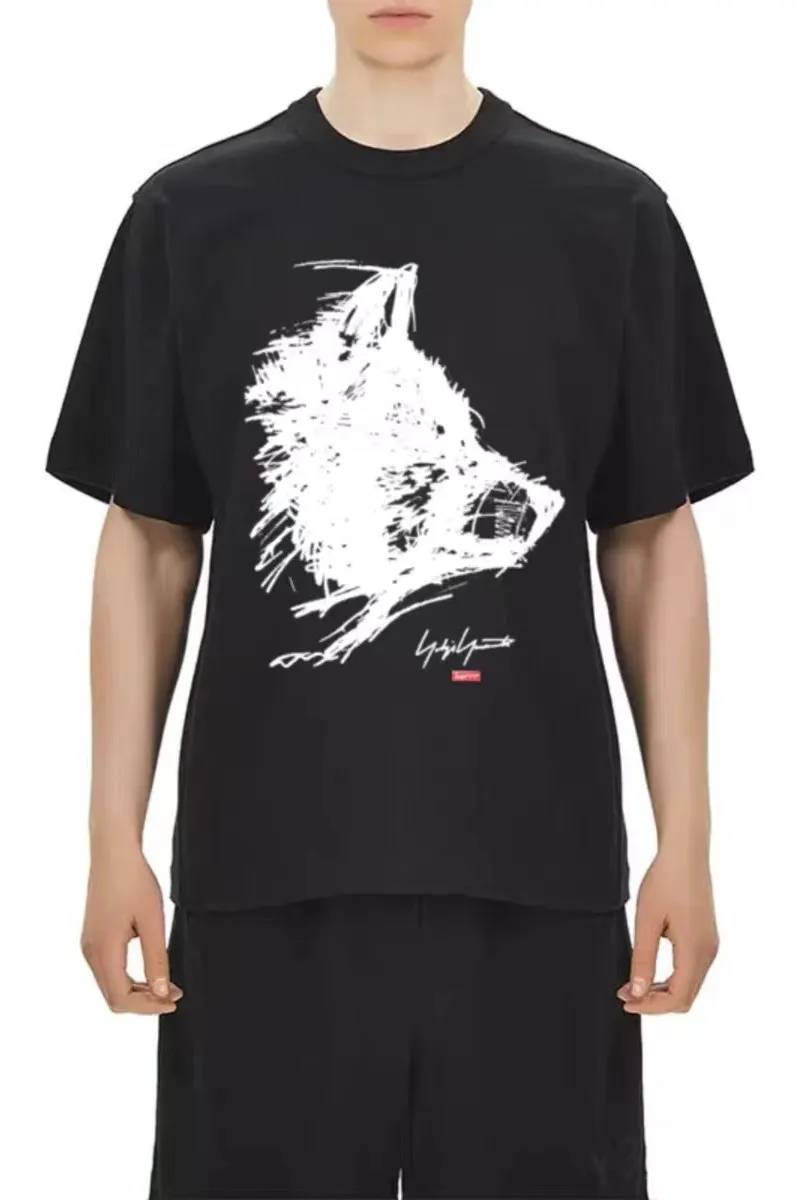 

YOHJI Yamamoto Yoshi Sketch Wolf Head Print SUP Co branded Loose Cotton Short Sleeve T-shirt Summer Casual Men and Women