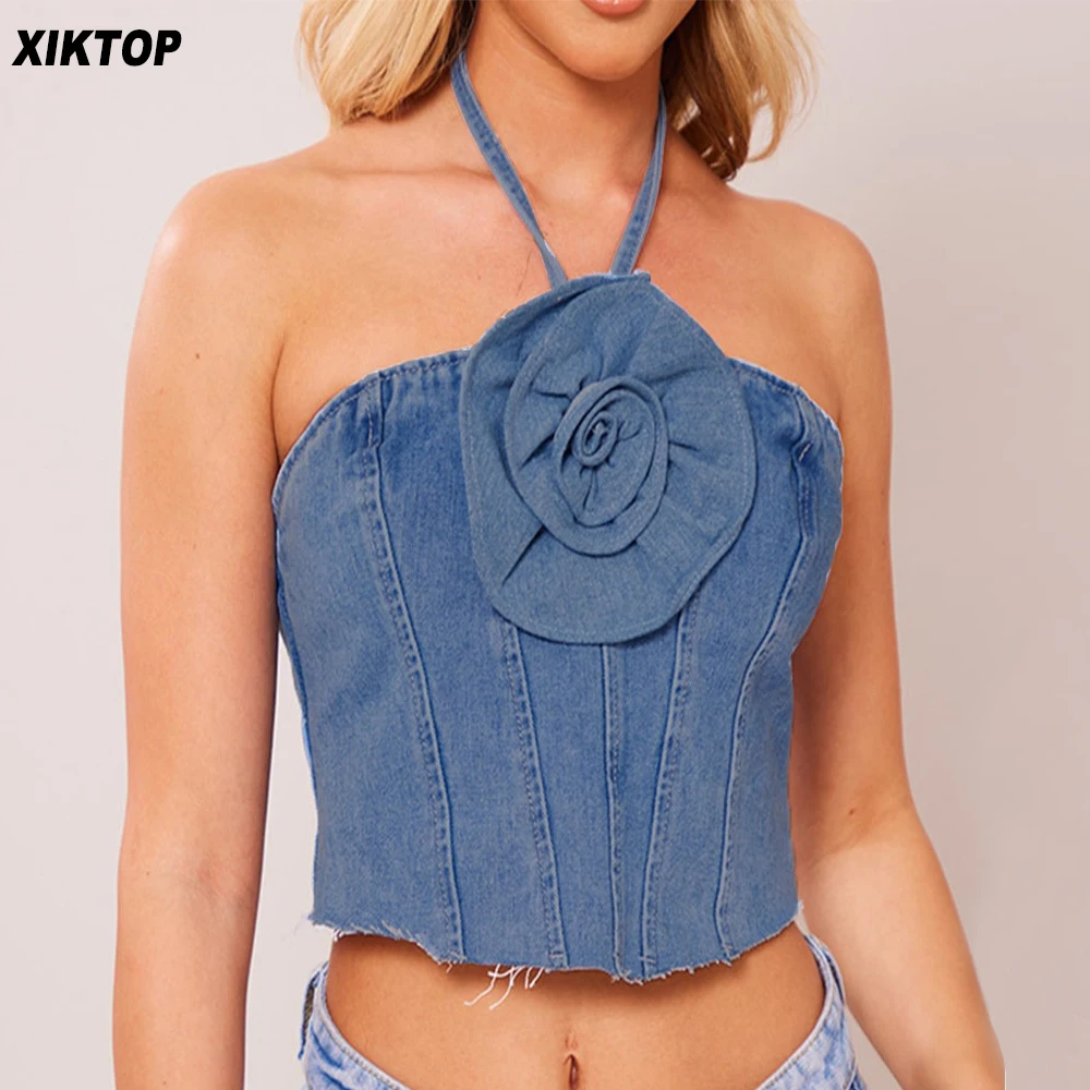 

Xiktop шикарный цветочный джинсовый женский сексуальный тонкий стильный Топ Y2k на молнии без рукавов со шнуровкой