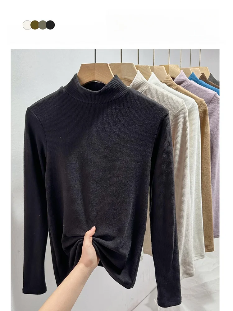 Black Bottoming Shirt Women Autumn and Winter Inner wear Can Be Worn outside Half-high Collar Dralon Fleece-lined Thickened W...