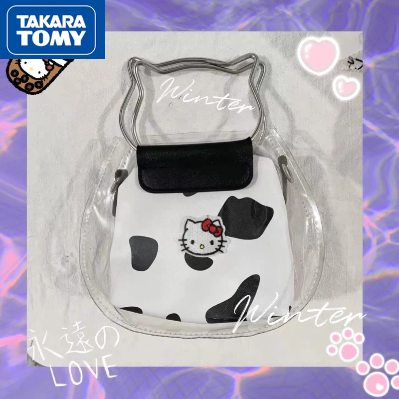 

TAKARA TOMY Hello Kitty Girls PVC Cute Sweet Transparent Cow Pattern Messenger Bag Zipper Embroidery Handmade Jelly Handbag