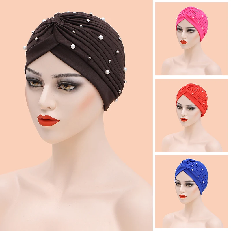 

Women Muslim Underscarf Inner Hijab Caps Islamic Underscarf Scarf Hat Cap Bonnet Soft Stretch Cotton Pearl Decor Wrap Head Hat