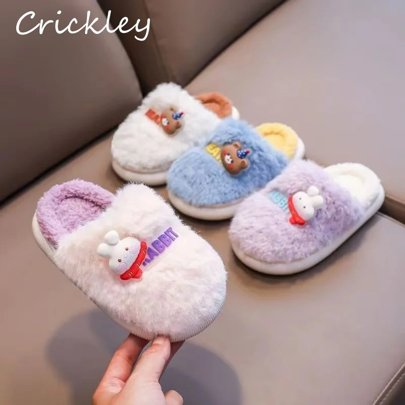 

Winter Bear Rabbit Girls Boys Home Shoes Cartoon Indoor Slippers For Children Soft Sole Warm Plush Thick House Kids Slippers