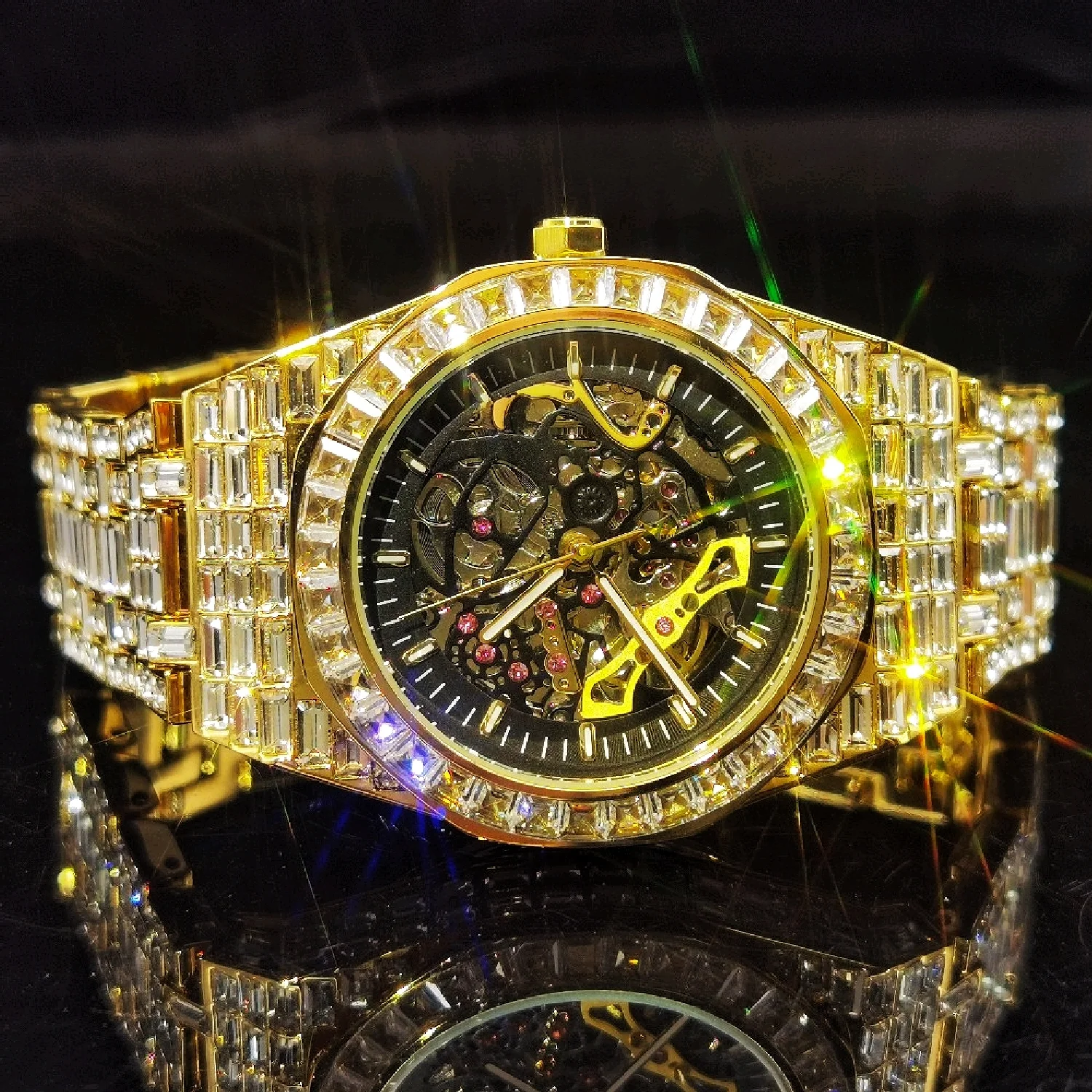 

Luxury Brand Gold Mechanical Watch Man Full Square Diamond Watches Men Luminous Wristwatch Man Hiphop Blingbling Hollow Out Dial