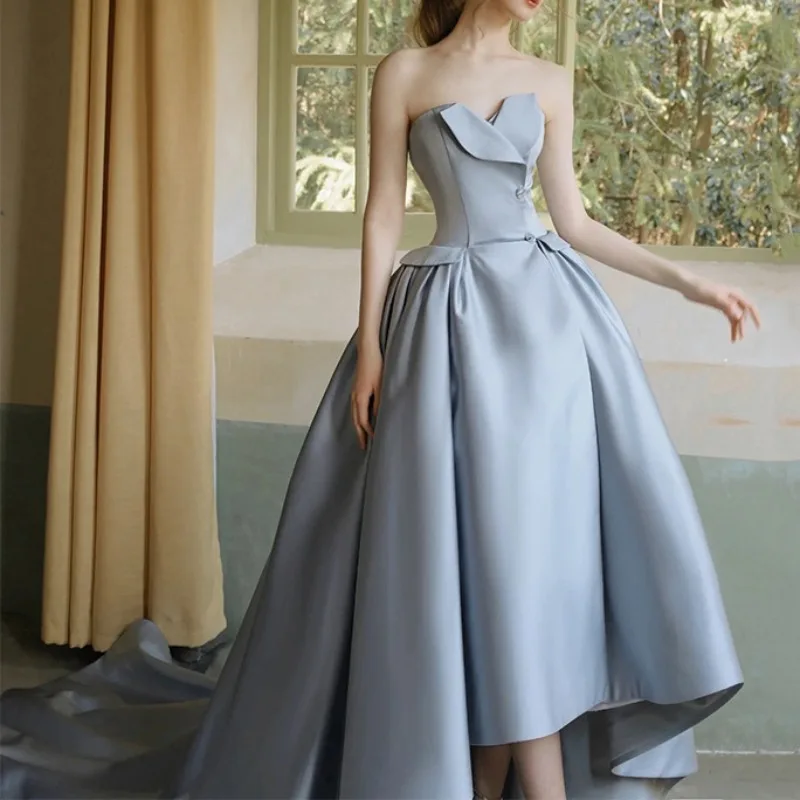 

Stain Strapless Slim Pleated Elegant Evening Dresses Trailing Long Wedding Party Dress Solid Temperament Elegant Prom Vestidos