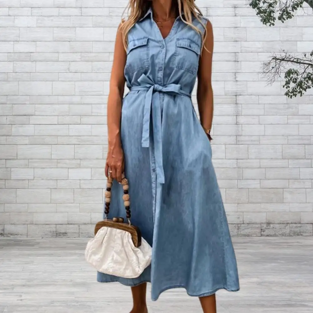 

Denim Brief Elegant Solid Color Sleeveless vestidos with Pocket A-Line Women Flare Dress