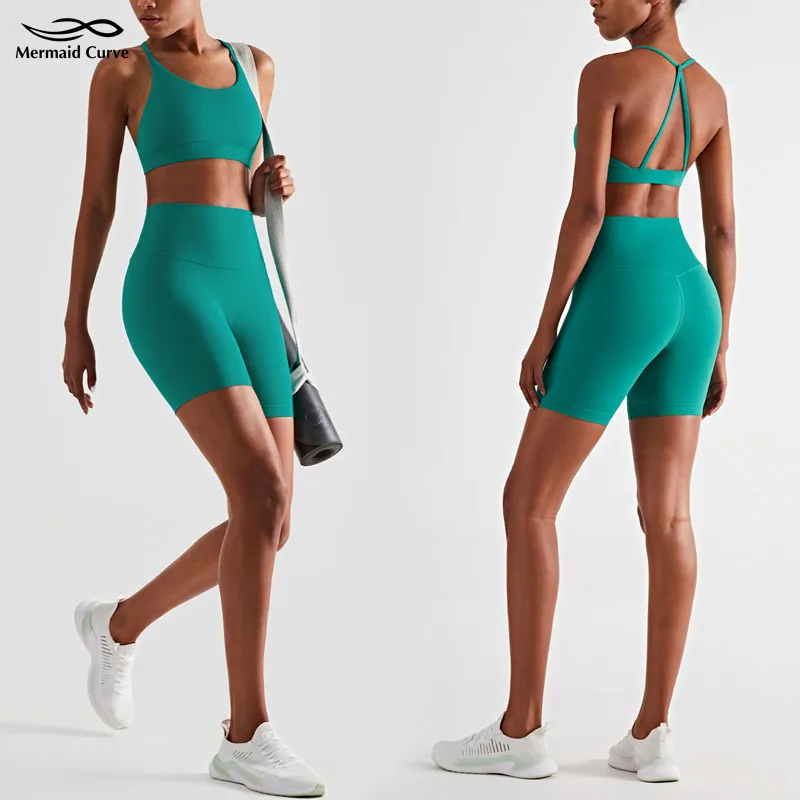 

Mermaid Curve Women's Yoga Set Halter Sports Bra + High Waist Skinny Shorts Running Workout Suit US Size Gym Halterneck Top