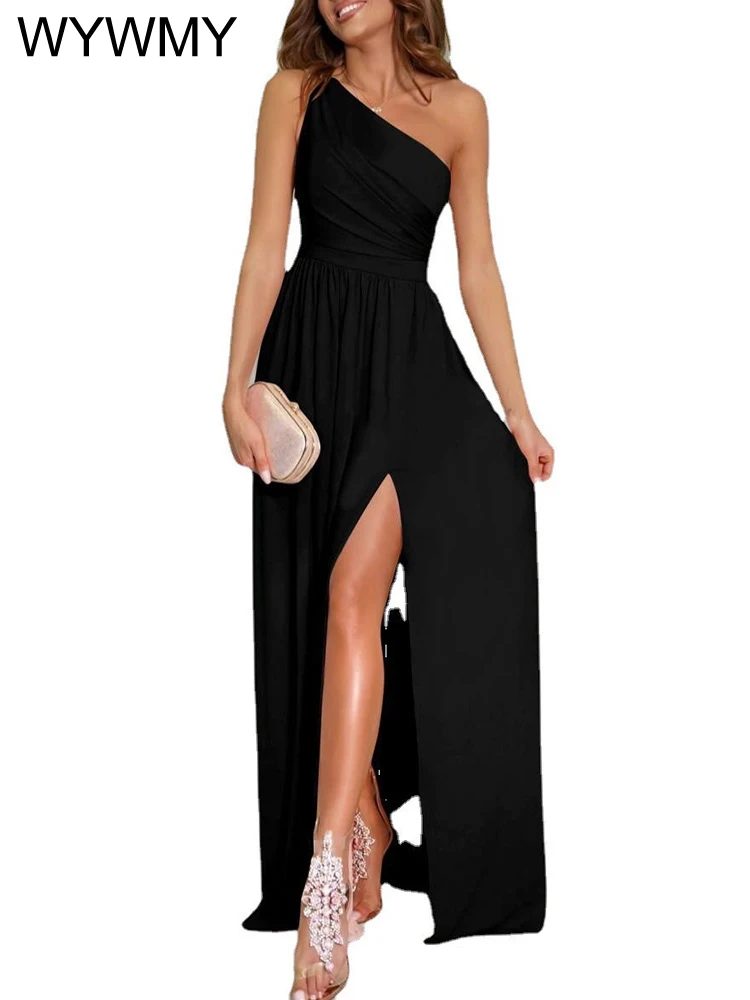 

Summer Sleeveless Draped Lady Party Dress Sexy One Shoulder Hollow Out Long Dress Women Spring Off Shoulder High Slit Maxi Dress