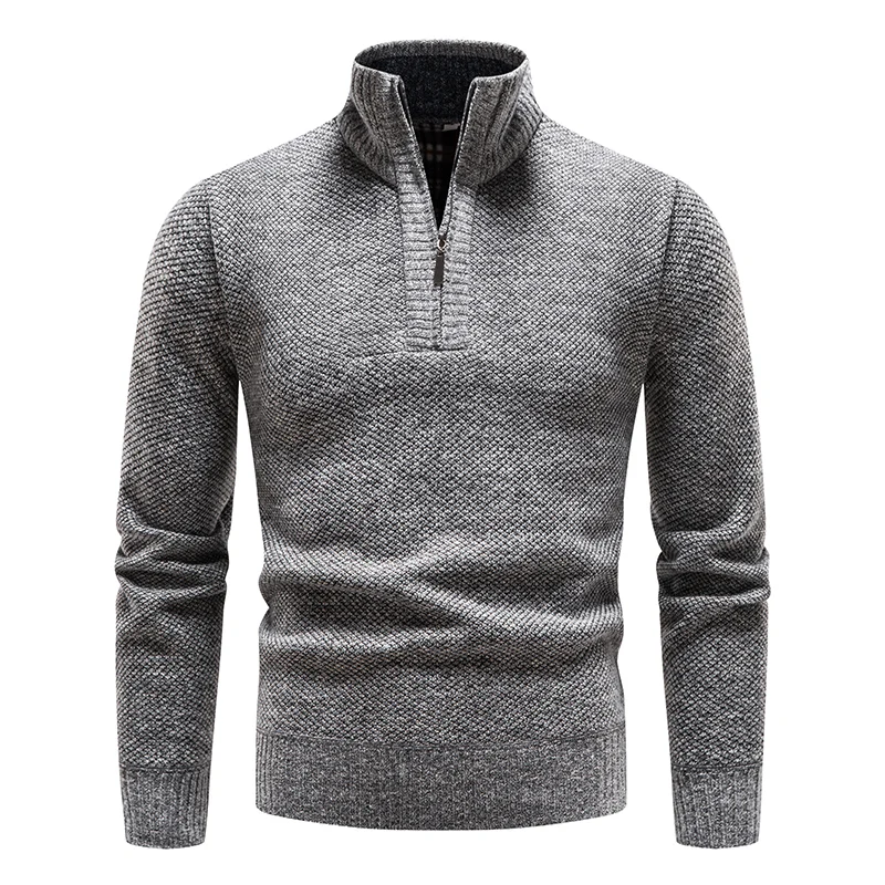 

New Men's Half High Neck Sweater with Plush and Thick Zipper Pullover Knit Shirt Slim Fit Solid Color Top For