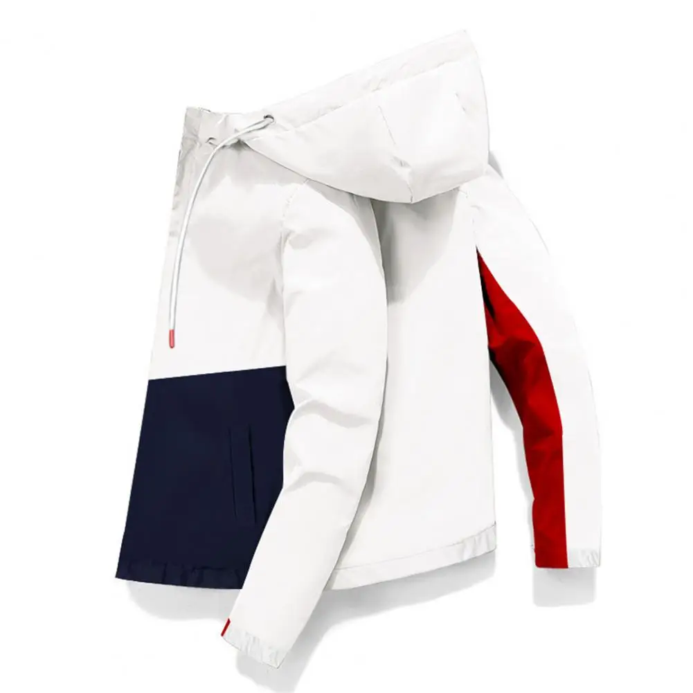 

Adjustable Drawstring Men Coat Stylish Men's Hooded Jacket with Patchwork Design Long Sleeve Zipper Placket for Spring Autumn