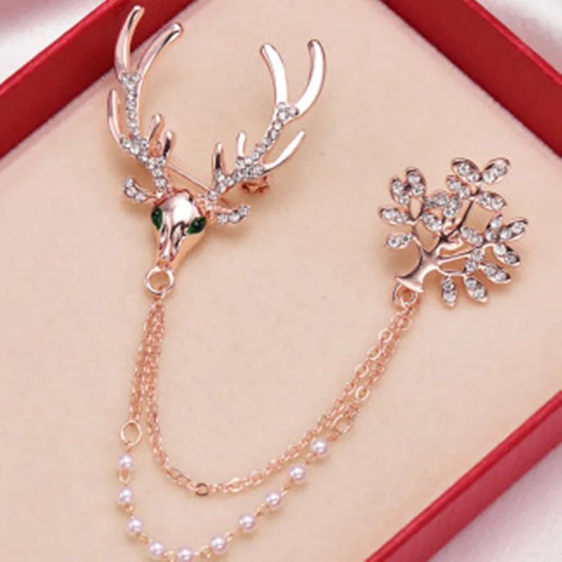 

2022 Creative Deer Brooch Men Fashion Female Lovely Elk Trees Pearl Pin Double Layers Clothing Accessories