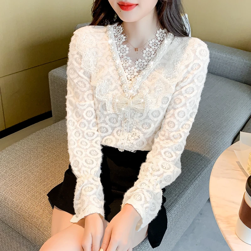 

Сверхпрочная декоративная блузка с V-образным вырезом и кружевными пуговицами, украшенная жемчугом, 201c,hai,0318-22