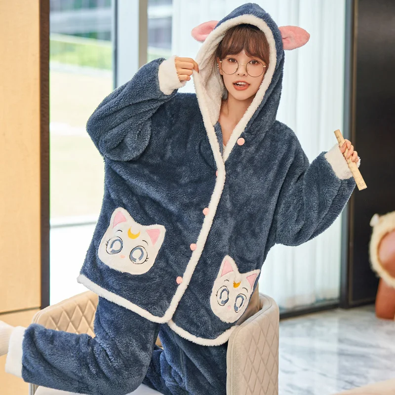 FUNISHI Winter Pajamas Inspissate pijama mujer Plush Women's pajamas Loose Version Hooded Pajama Set Plus Size 3XL Cartoon