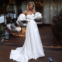 sumnus simple white wedding dress pleats satin side slit bride dresses sleeveless long a line bridal gowns vestidos de novia