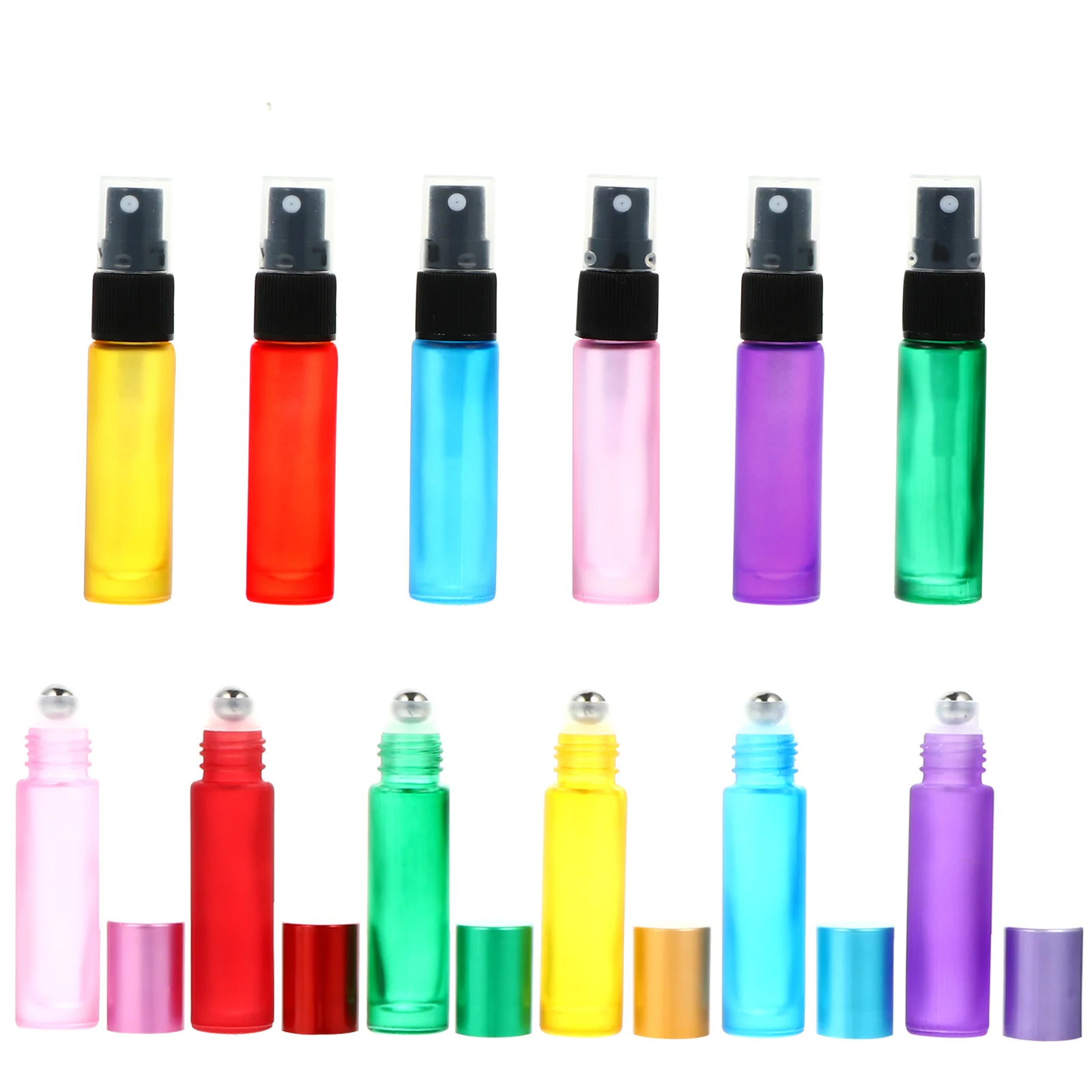 

6pcs 10ml Roller Bottles and 6pcs 10ml Refillable Sprayer Set Colorful Frosted Roll on Bottles Empty Spray Bottle