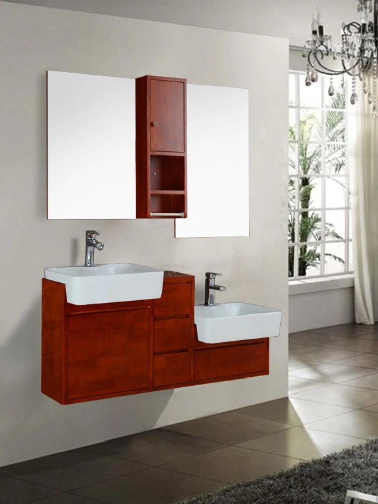 Простой шкаф для ванной из массива дерева настенный двойная высота раковина