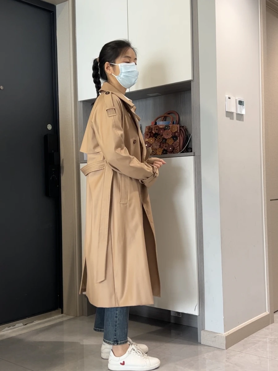 Весна и осень 2024 классический Тренч средней длины в стиле ретро темный хаки