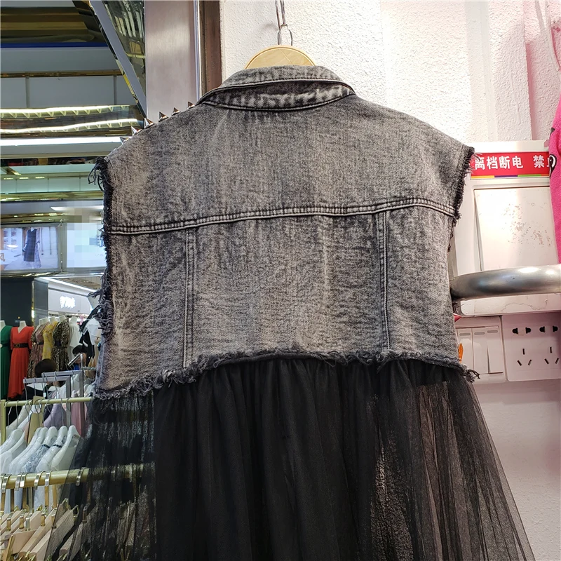 Женский Радужный джинсовый жилет с оборками и бусинами