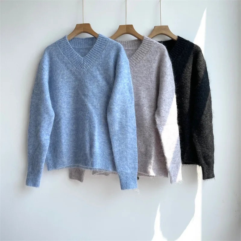 

Women's V-neck Long Sleeve Sweater Mohair Wool Blend Ladies Loose Solid Color Pullover Knitwear Autumn and Winter Jumper Top