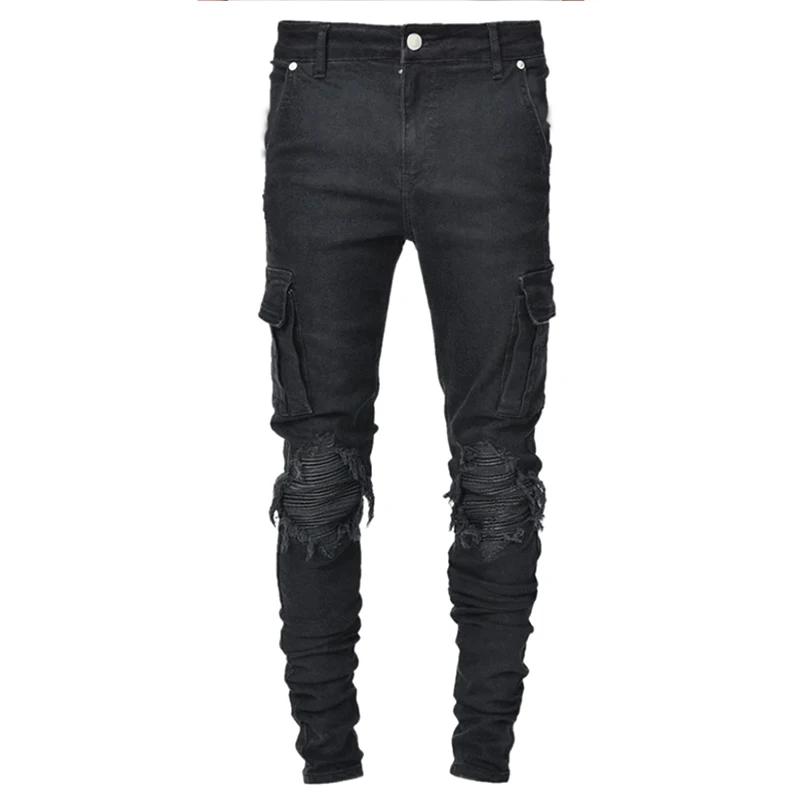 European Male Jeans Multi-pocket Washed Cargo Jeans Long  Denim Pencil Pants Knee Pleated Patch Slim Fit Jeans for Men Black