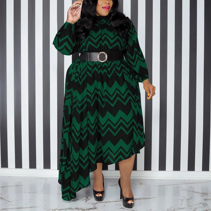 4XL 5XL Plus Size Dresses for Women Geometric Printed Ful Sleeve High Waisted Asymmetric Loose Mid Calf Large Party Birthday Big