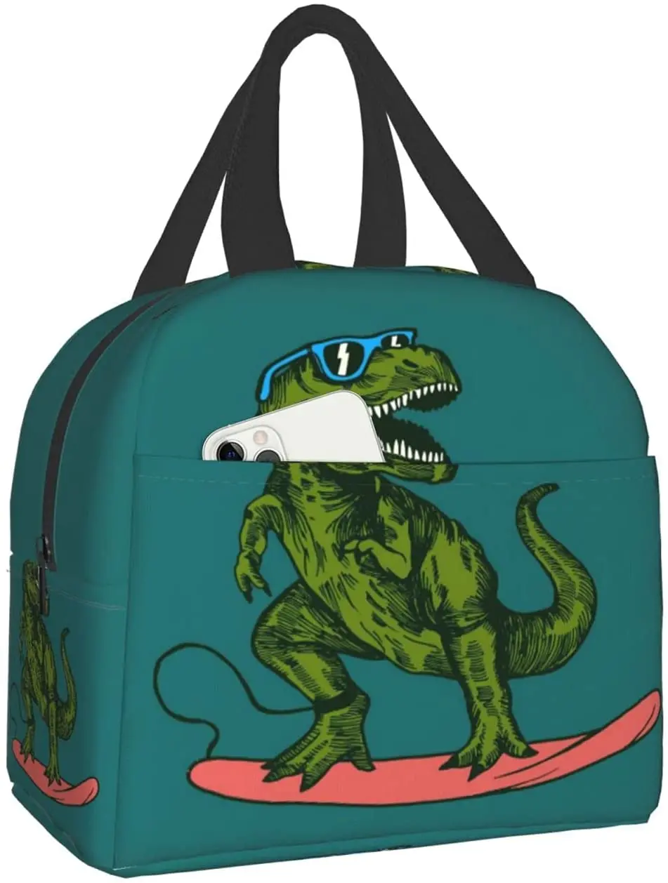 Hipster Surfing Dinosaur Lunch Bag for Men Boys Reusable Lun