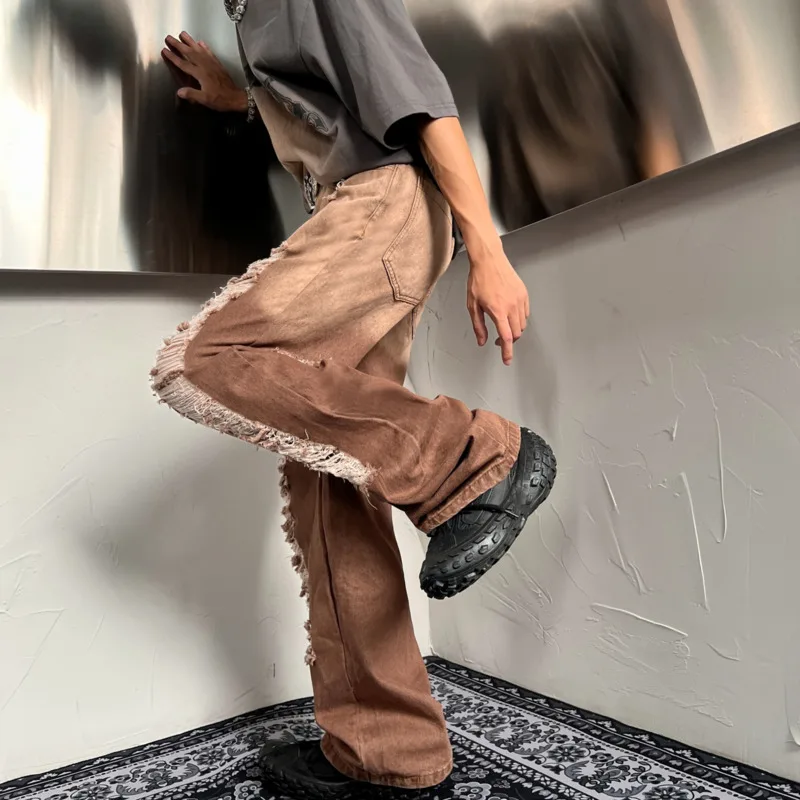 Brown/Black Hole Baggy Jeans Men Fashion Casual Ripped Wide Leg Jeans Mens Streetwear Hip Hop Loose Straight Denim Trousers Men