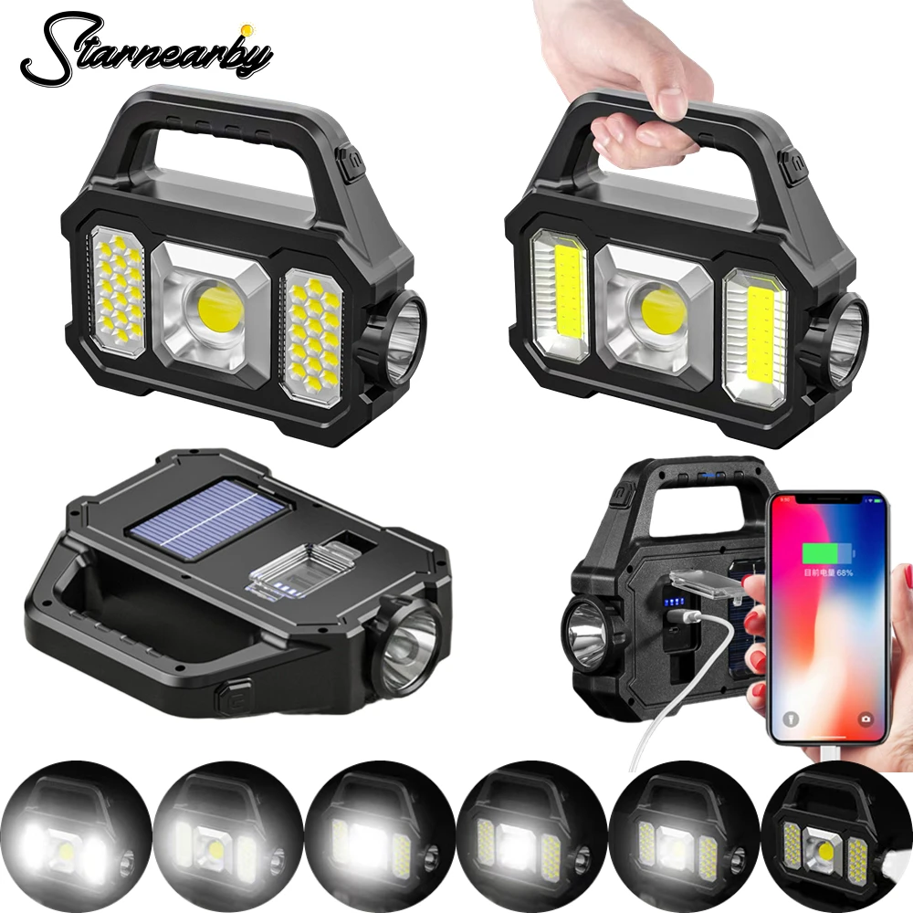 

Solar LED Flashlight Power Bank for Phone USB Rechargeable Flashlight Waterproof 6 Gear COB Work Lights Camping Powerful Lantern