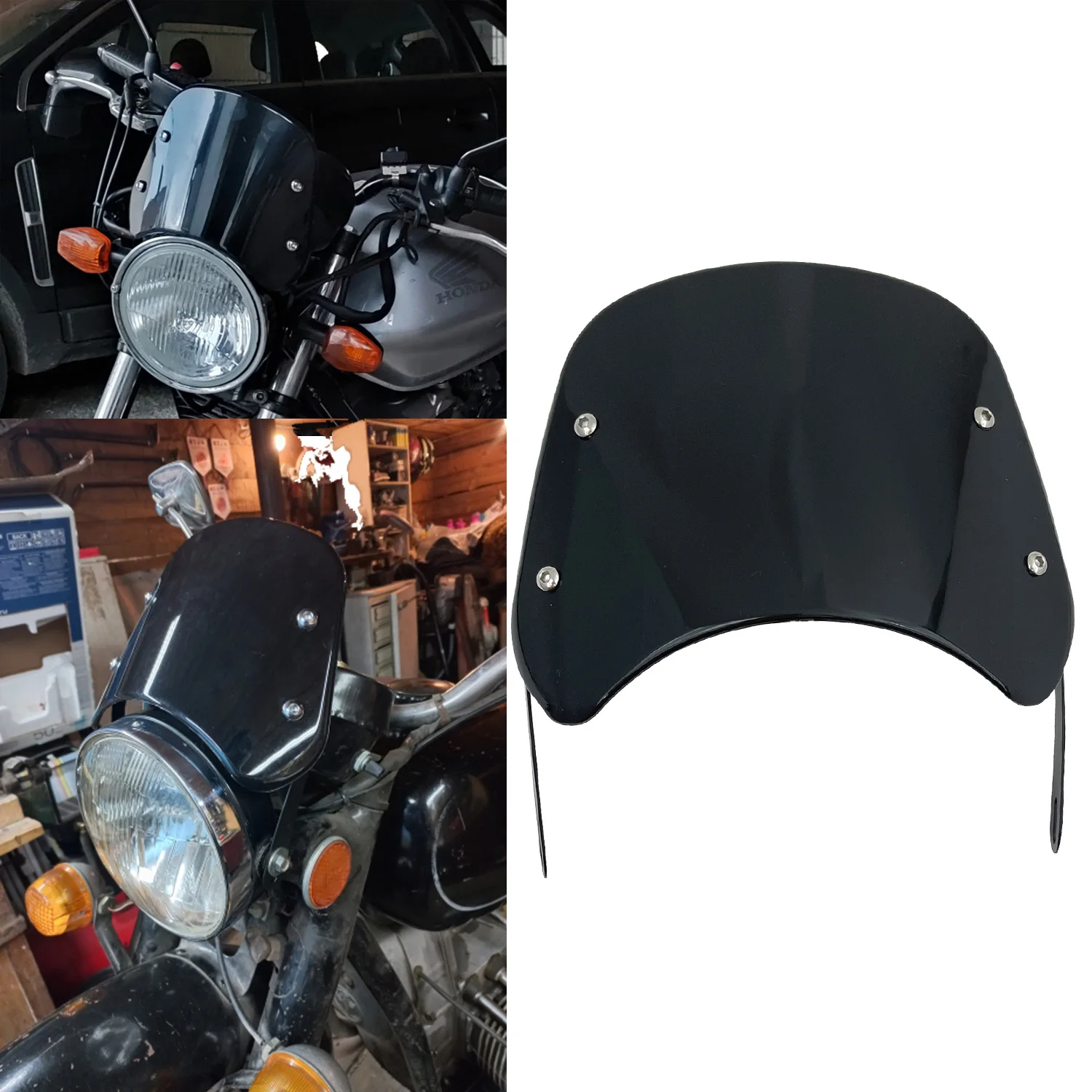 

Black Universal Retro Windshield Windscreen Wind Deflector For Harley Honda Yamaha Suzuki 5"-7" Round Headlight
