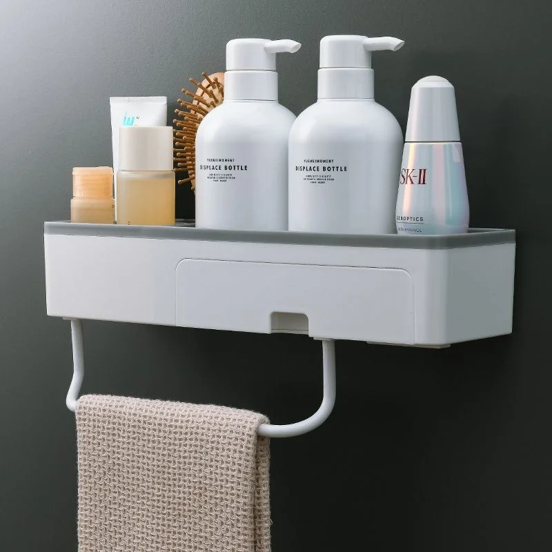 

Bathroom White Shelf Toilet No-Punch Washroom Vanity Wall Mounted Towel Storage Rack Simple Style Organizer Container