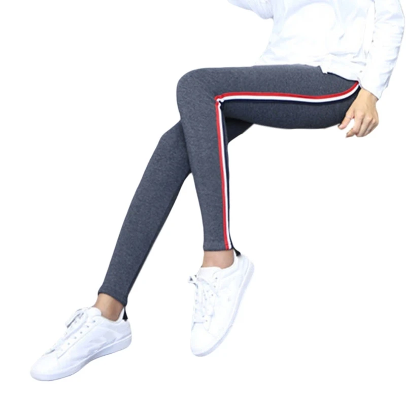 

Womens Cotton Elastic Waist Skinny Leggings Pants Striped Ankle Length Size