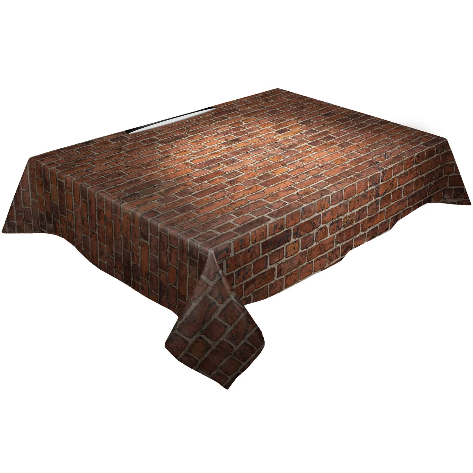 Ковер для стола с красной кирпичной стеной на заднем плане для декорирования кухонного стола на свадьбах и дома с эластичными стульями.