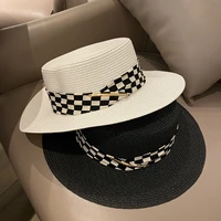 french retro straw hat womens summer checkerboard flat top hat big brim beach hat sun protection sun hats