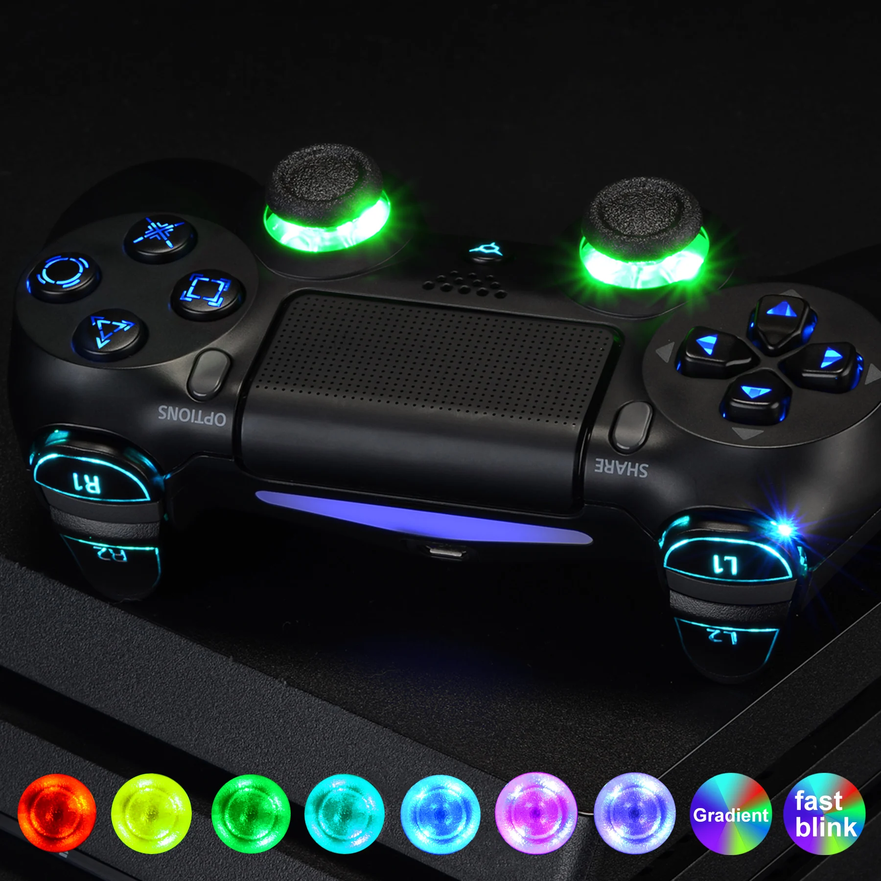 eXtremeRate Multi-Colors Luminated Thumbstick Dpad Trigger Home Face Buttons DTFS LED Kit for PS4 Slim Pro Controller