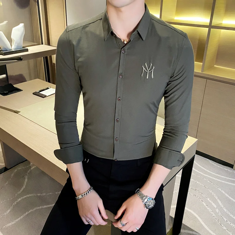 

Mens Shirts 2022 Spring Fashion New British Style High Quality Solid Color Casual Long Sleeve Slim Shirts Brand Mens Clothing